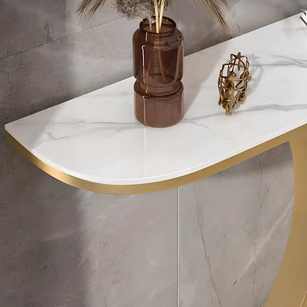 White Half-Circle Stone Rose Gold Entryway Console Table