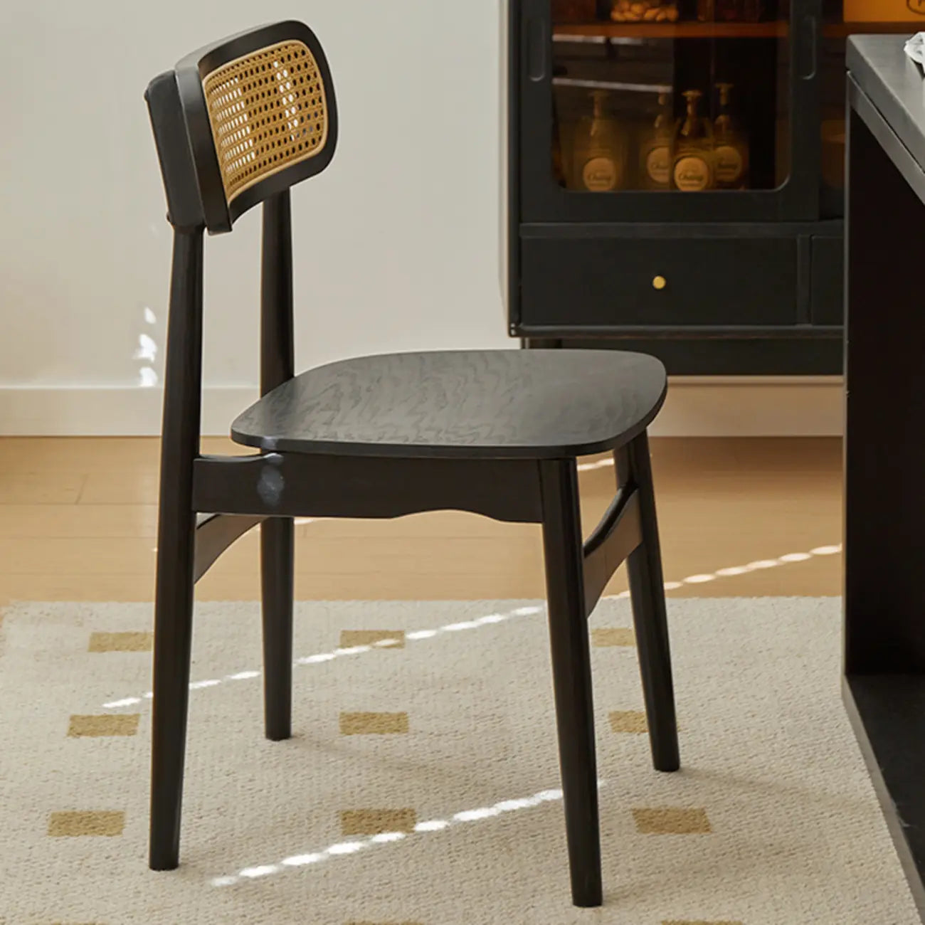 Rustic Black Wooden Armless Dining Chair with Handwoven Back