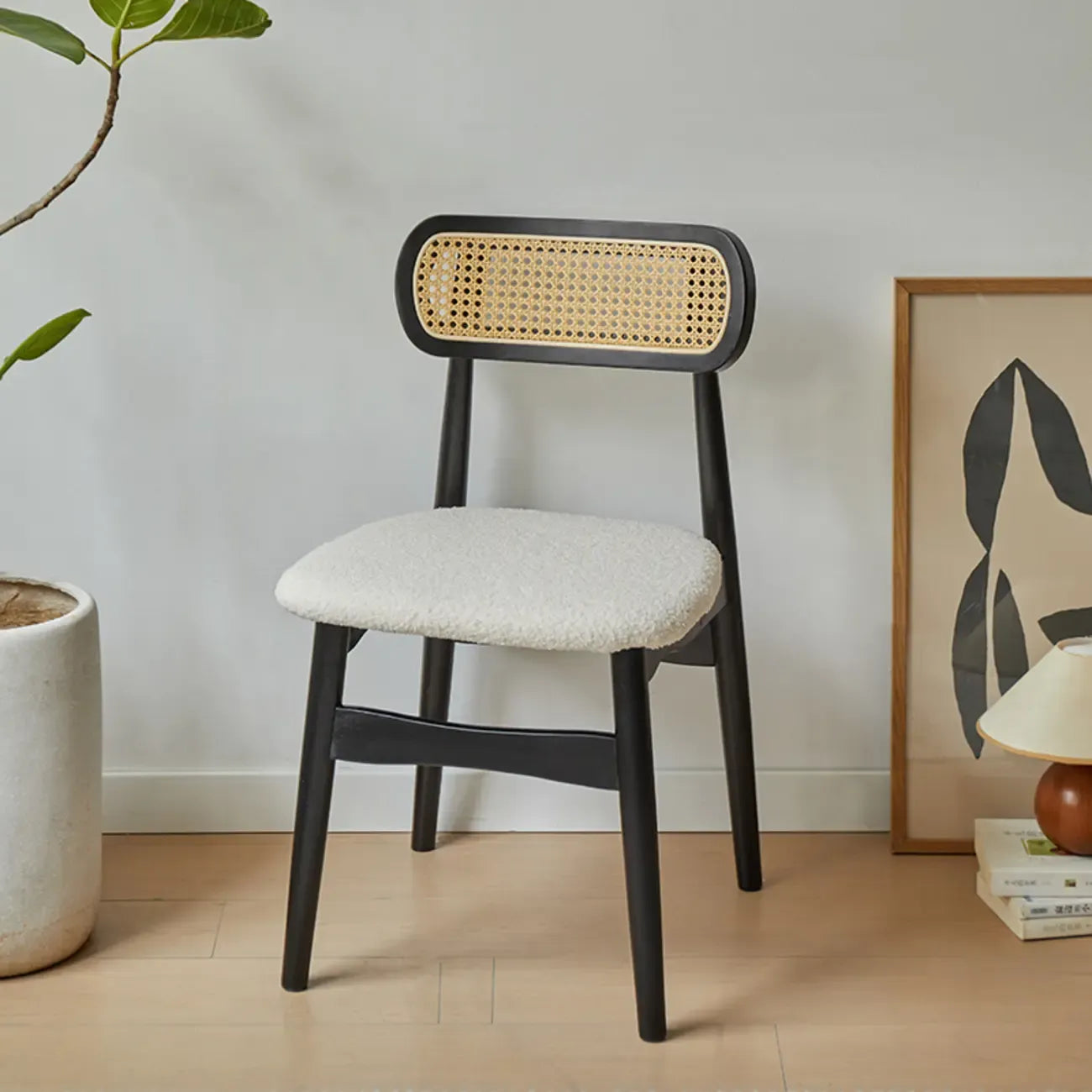 Rustic Black Wooden Armless Dining Chair with Handwoven Back