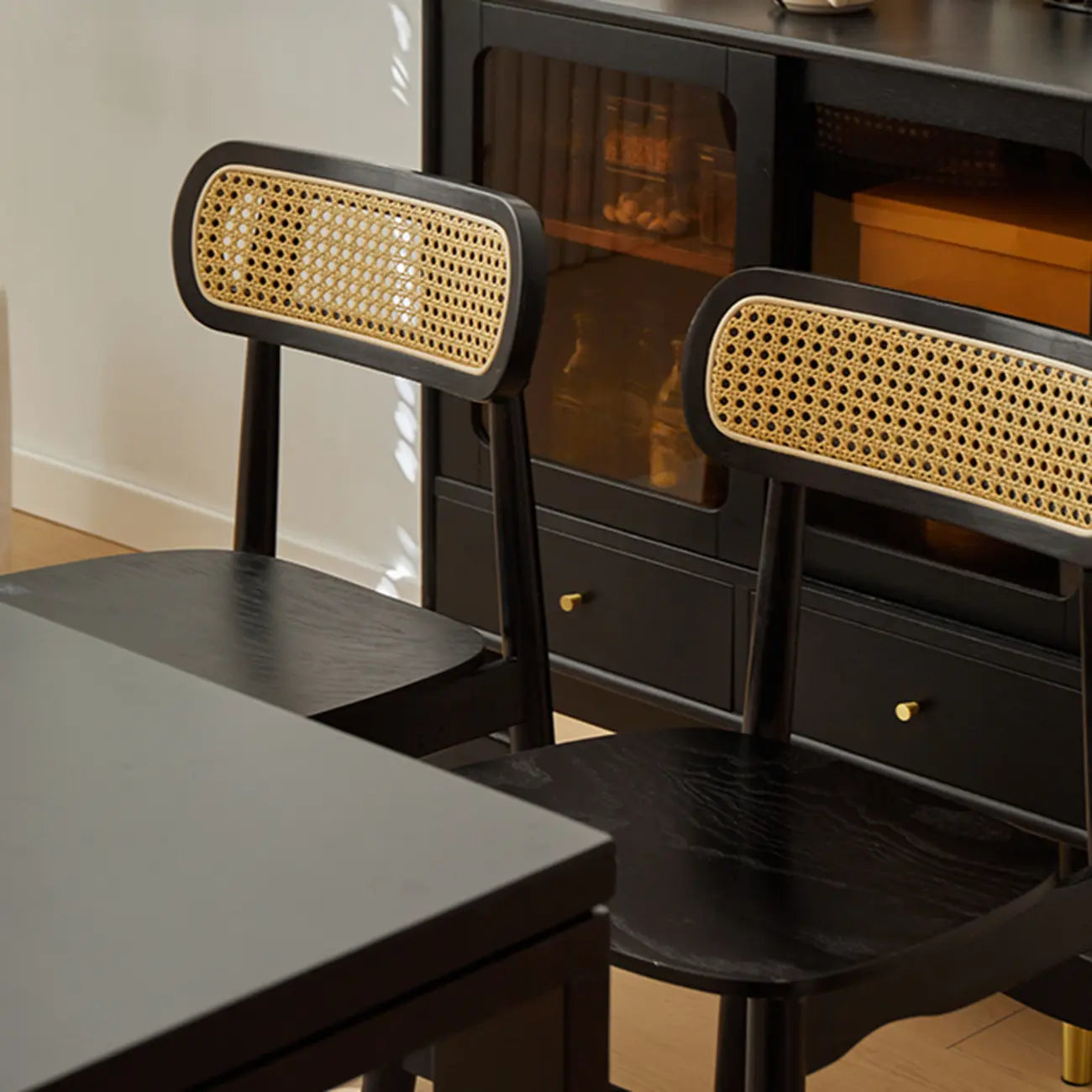 Rustic Black Wooden Armless Dining Chair with Handwoven Back