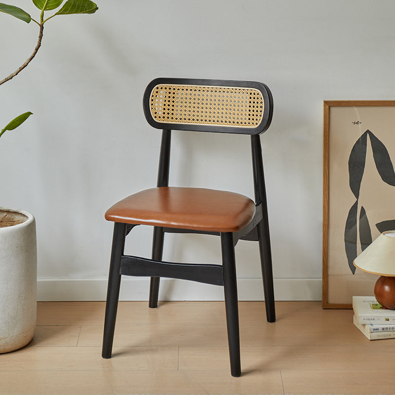Rustic Black Wooden Armless Dining Chair with Handwoven Back