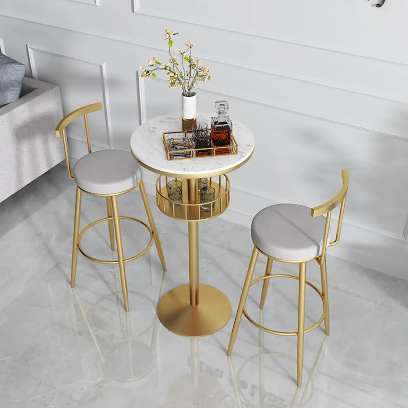 Glamorous Golden Marble Round Bar Table with Under Shelf