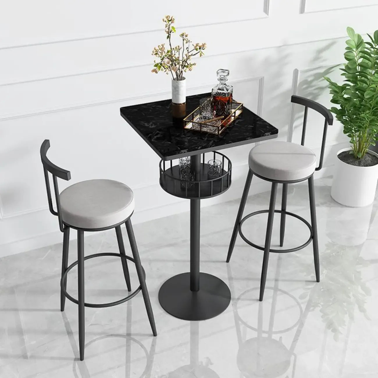 Glamorous Golden Marble Round Bar Table with Under Shelf