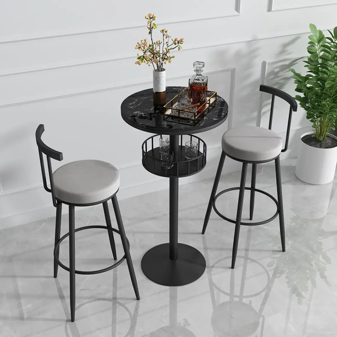 Glamorous Golden Marble Round Bar Table with Under Shelf