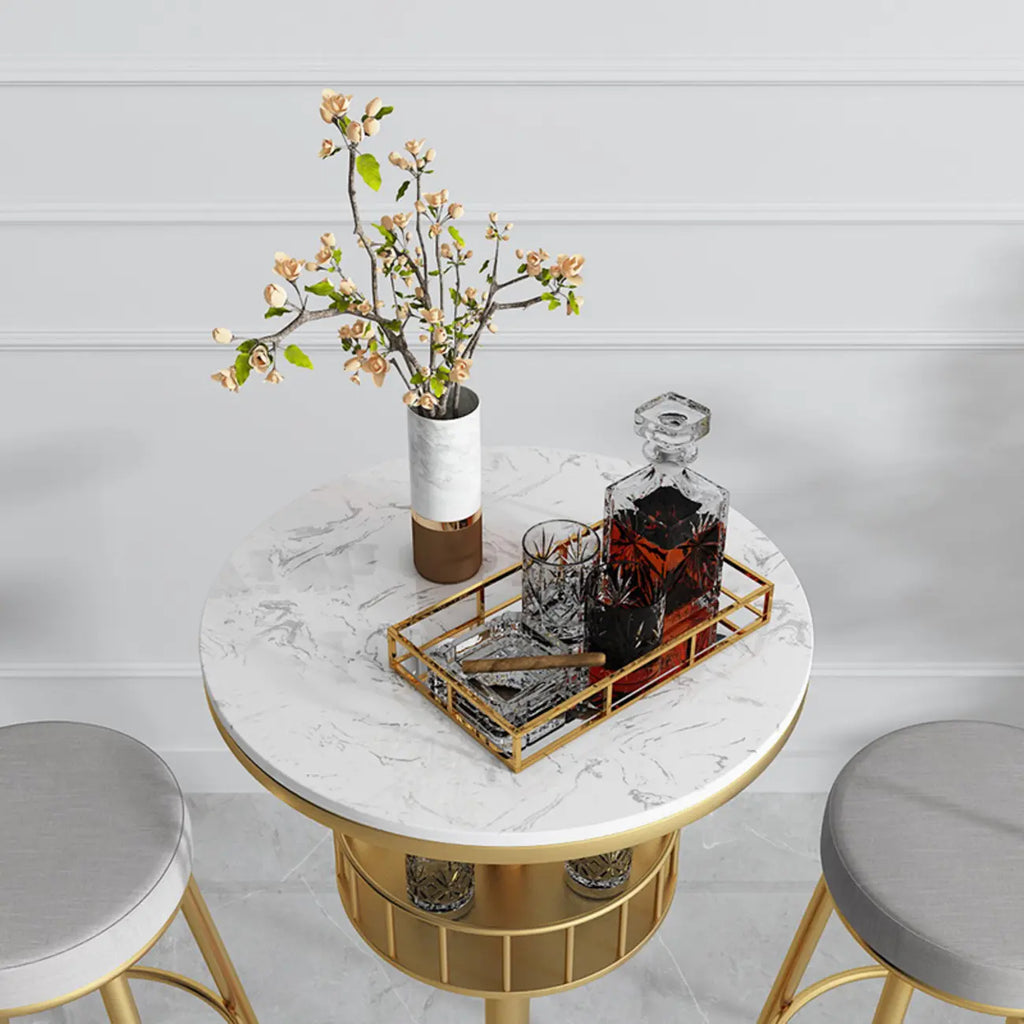 Glamorous Golden Marble Round Bar Table with Under Shelf