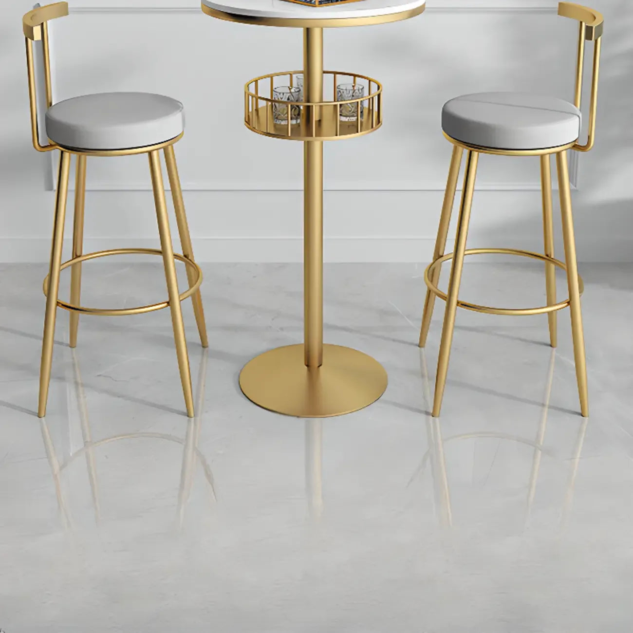Glamorous Golden Marble Round Bar Table with Under Shelf