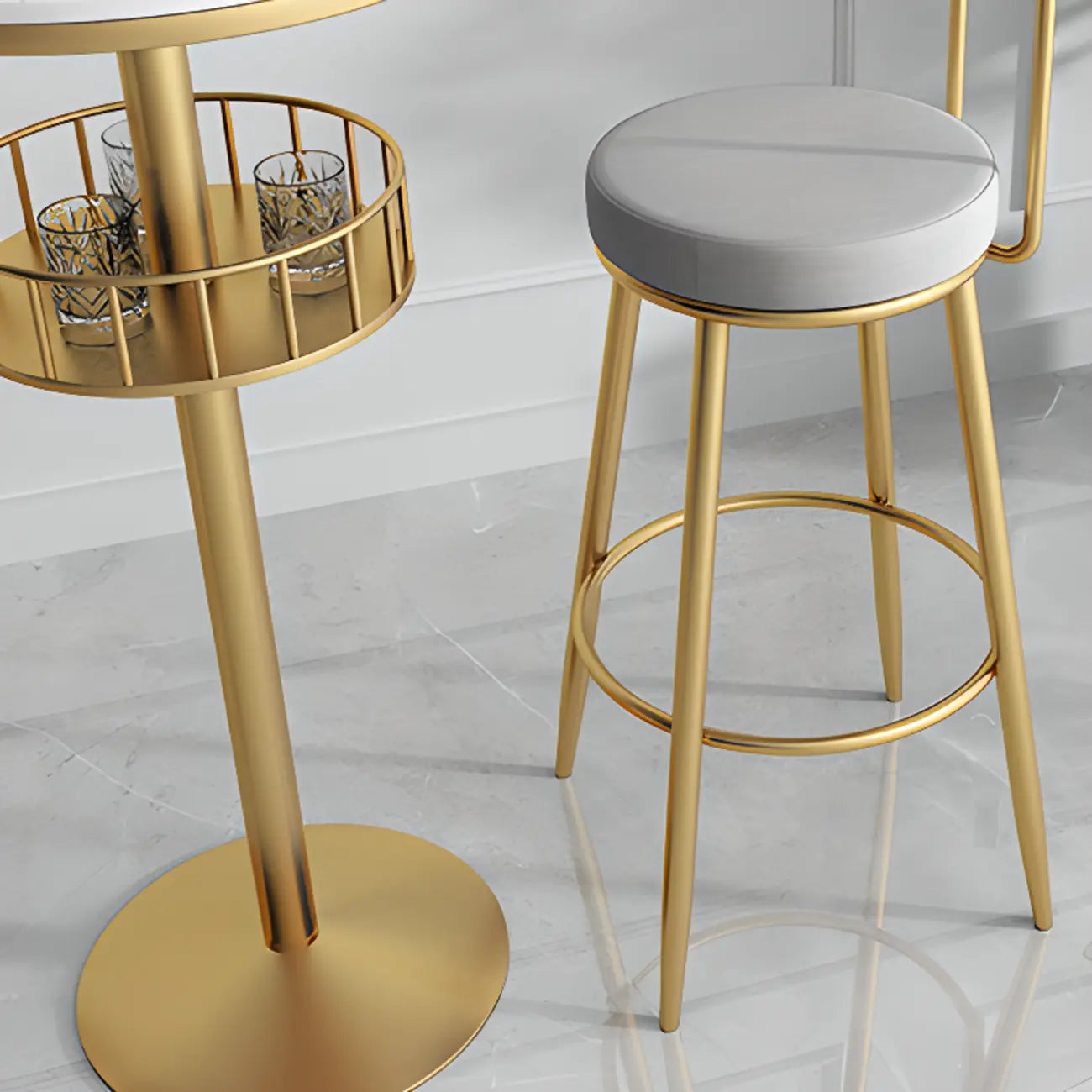 Glamorous Golden Marble Round Bar Table with Under Shelf
