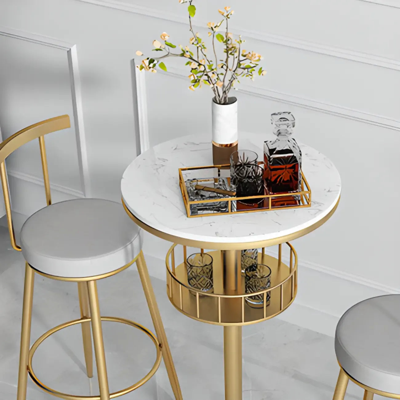 Glamorous Golden Marble Round Bar Table with Under Shelf