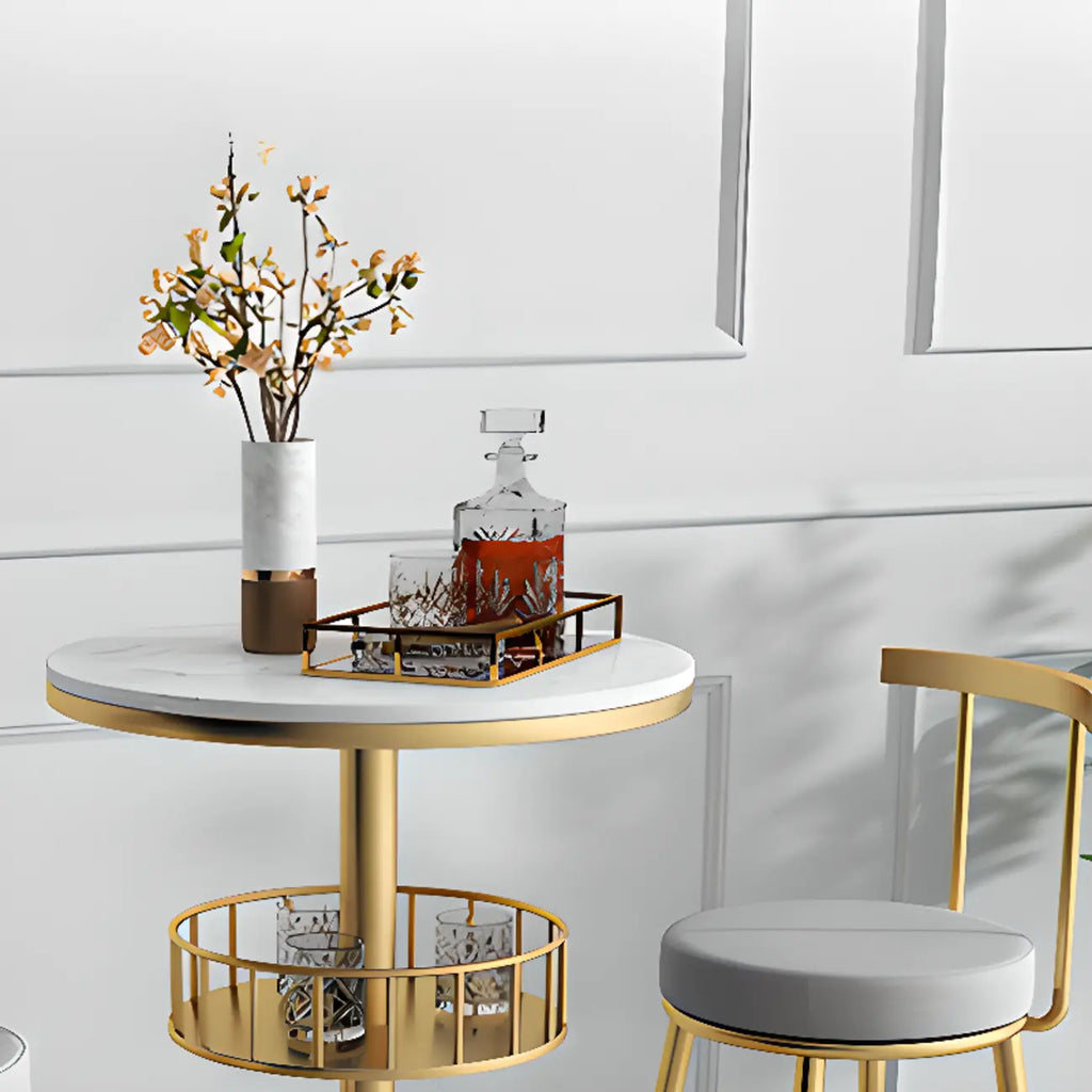 Glamorous Golden Marble Round Bar Table with Under Shelf
