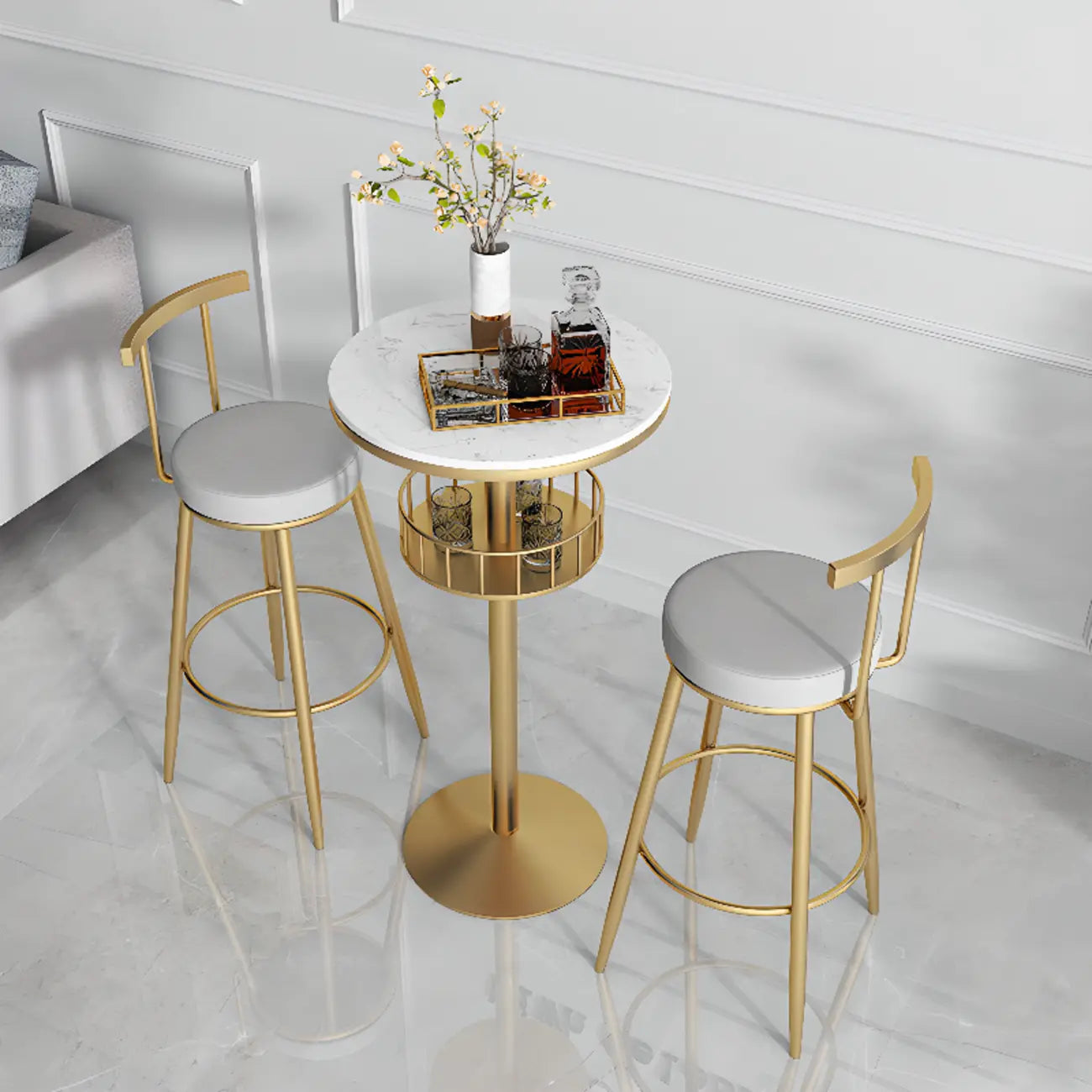 Glamorous Golden Marble Round Bar Table with Under Shelf