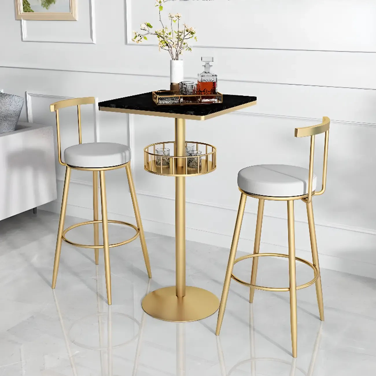 Glamorous Golden Marble Round Bar Table with Under Shelf