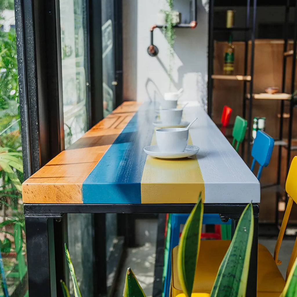 Modern Colorful Wooden Fixed Top Leg Rest Bar Tables