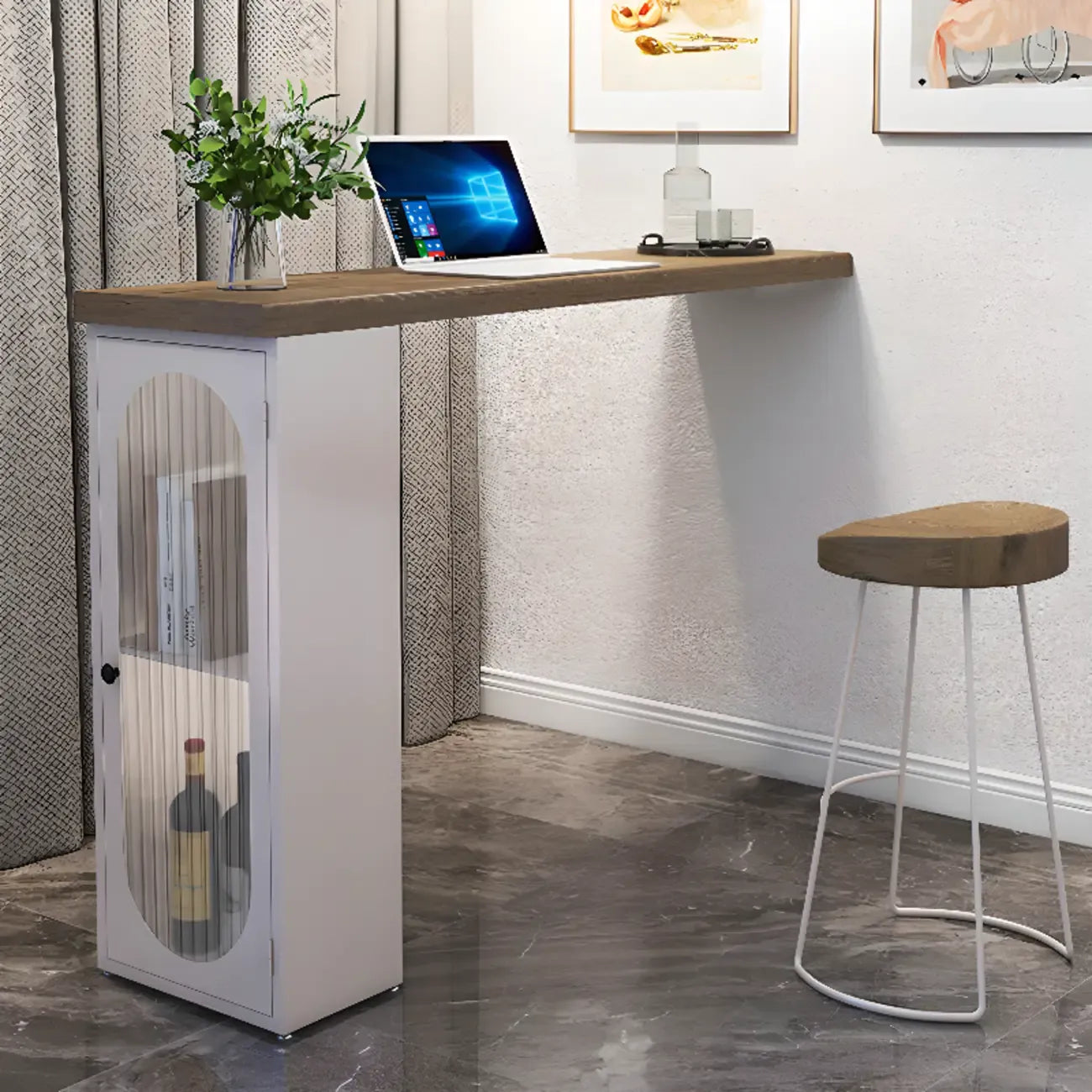 Modern Natural Wood Bar Table Metal Base with Side Cabinet
