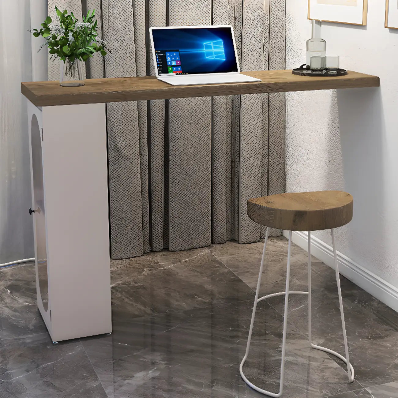 Modern Natural Wood Bar Table Metal Base with Side Cabinet