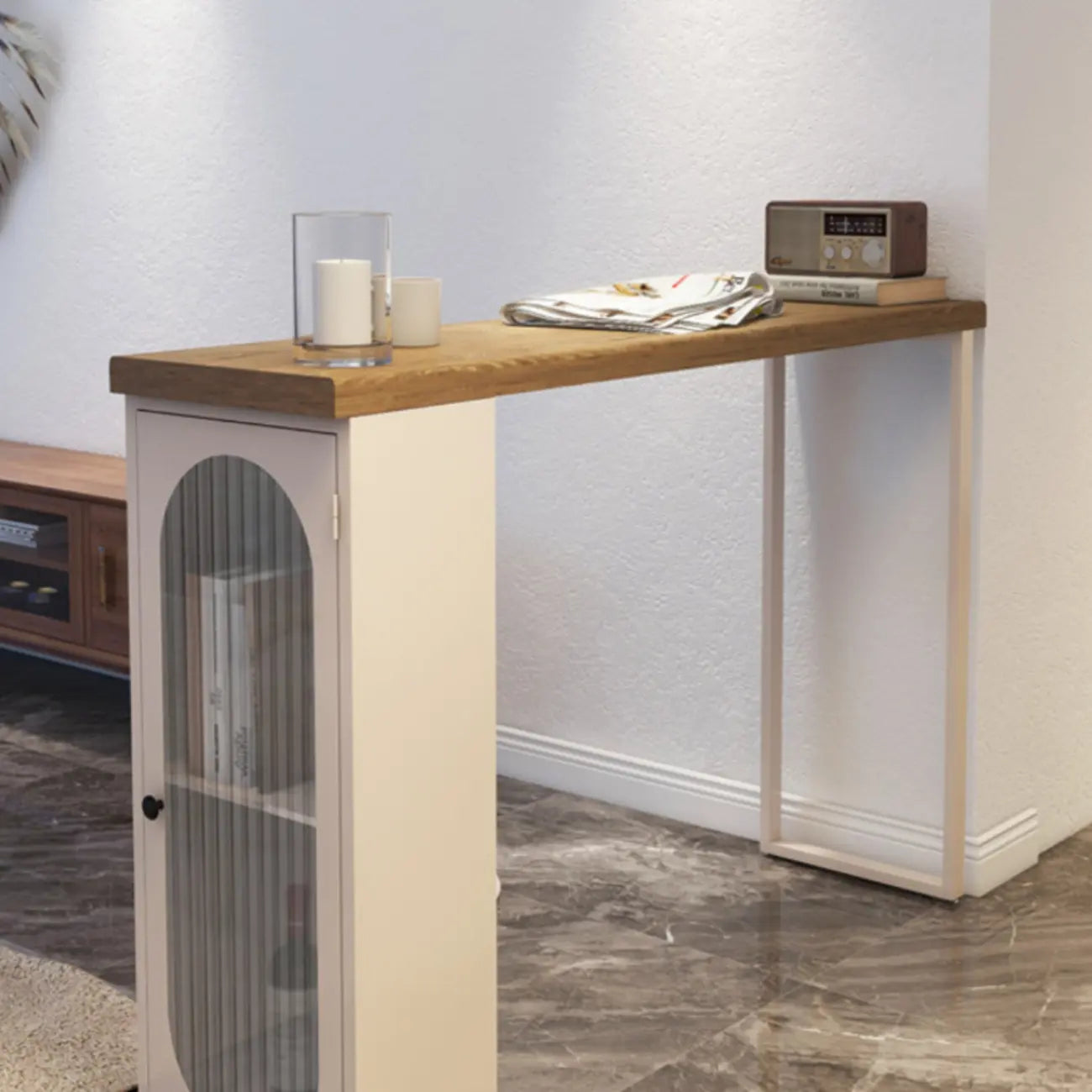 Modern Natural Wood Bar Table Metal Base with Side Cabinet