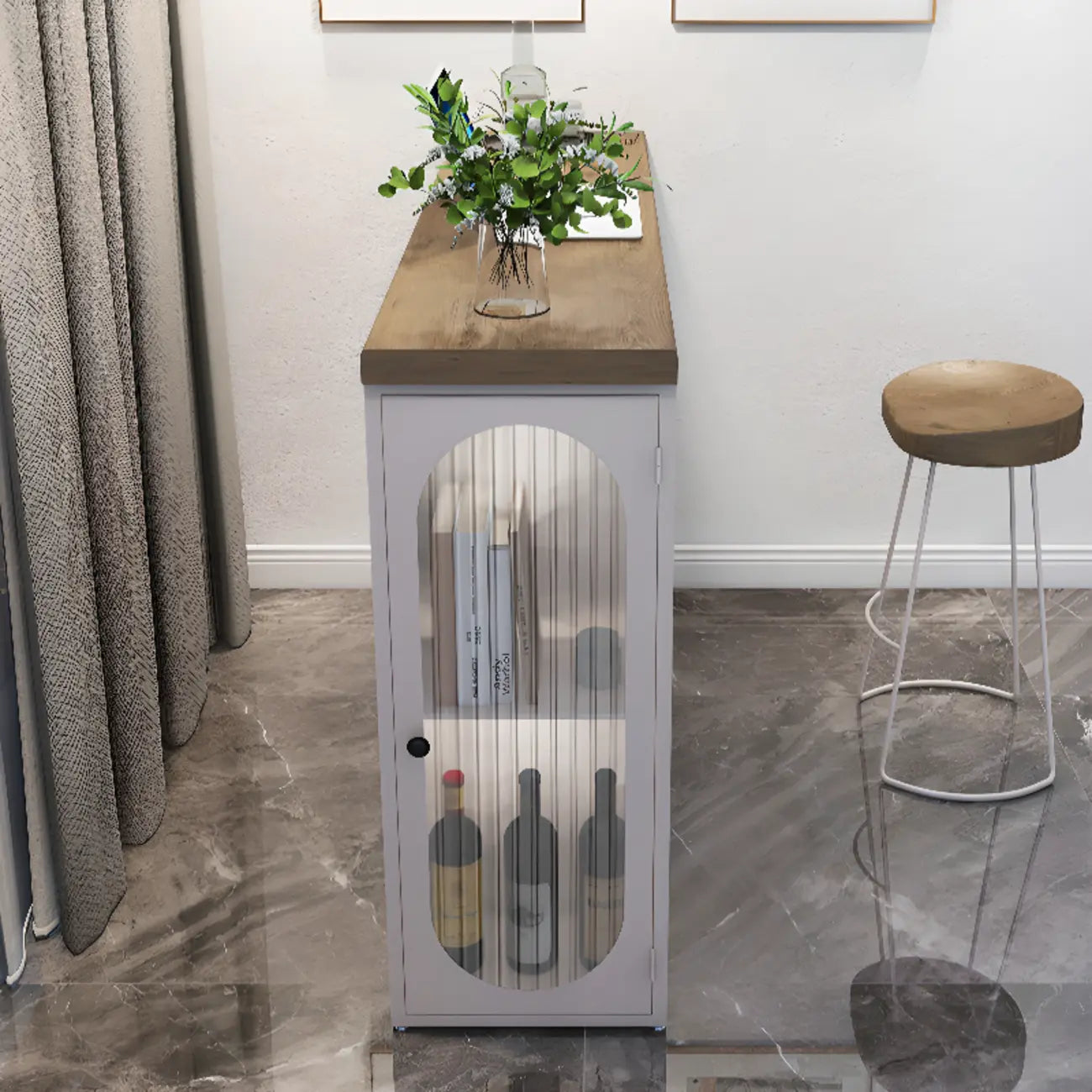 Modern Natural Wood Bar Table Metal Base with Side Cabinet