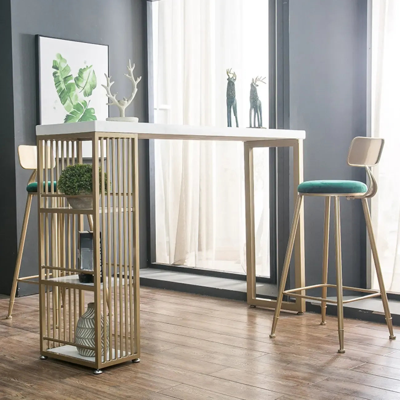 Modern Rectangle Wood Pub Table with 3 Shelves for Home Bar