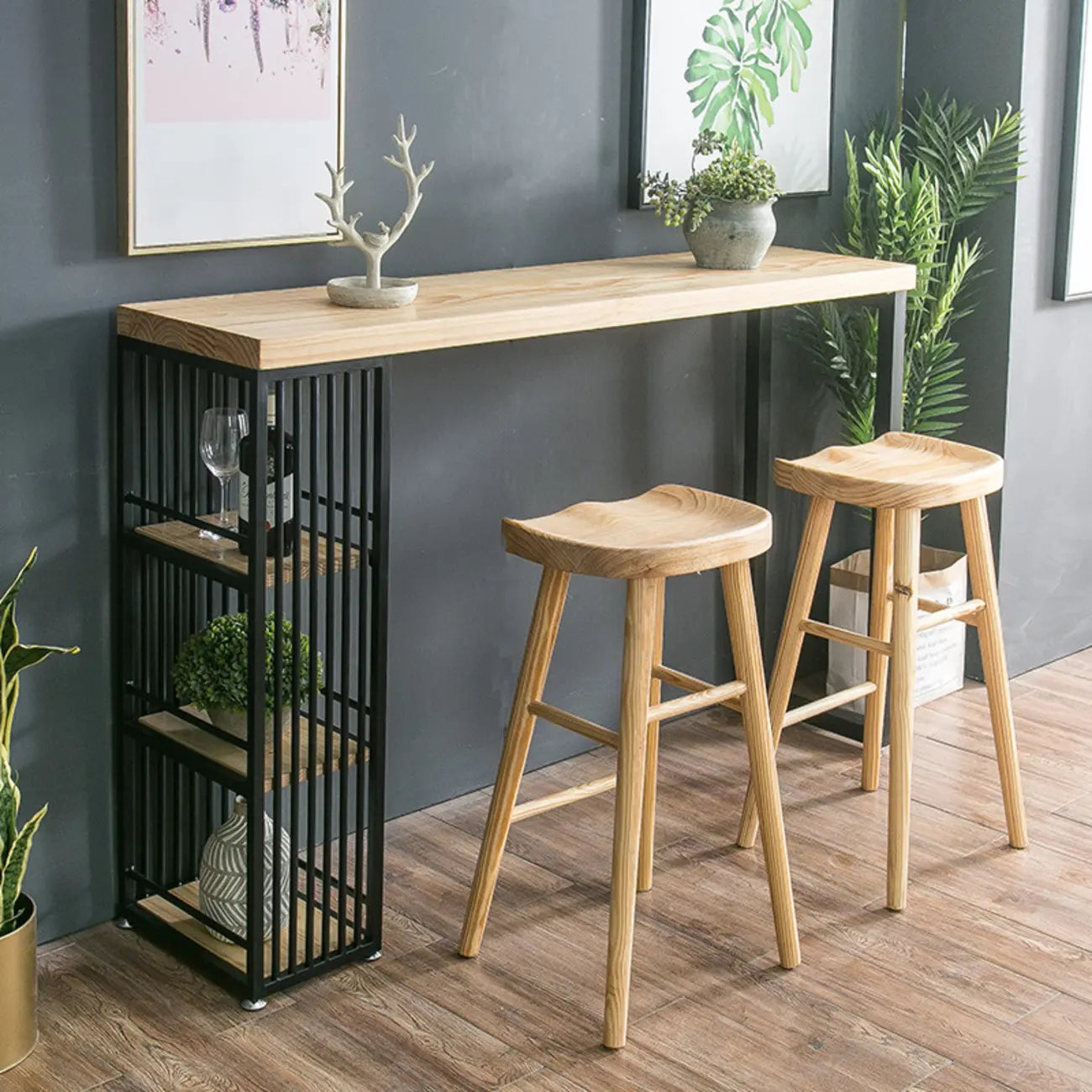 Modern Rectangle Wood Pub Table with 3 Shelves for Home Bar