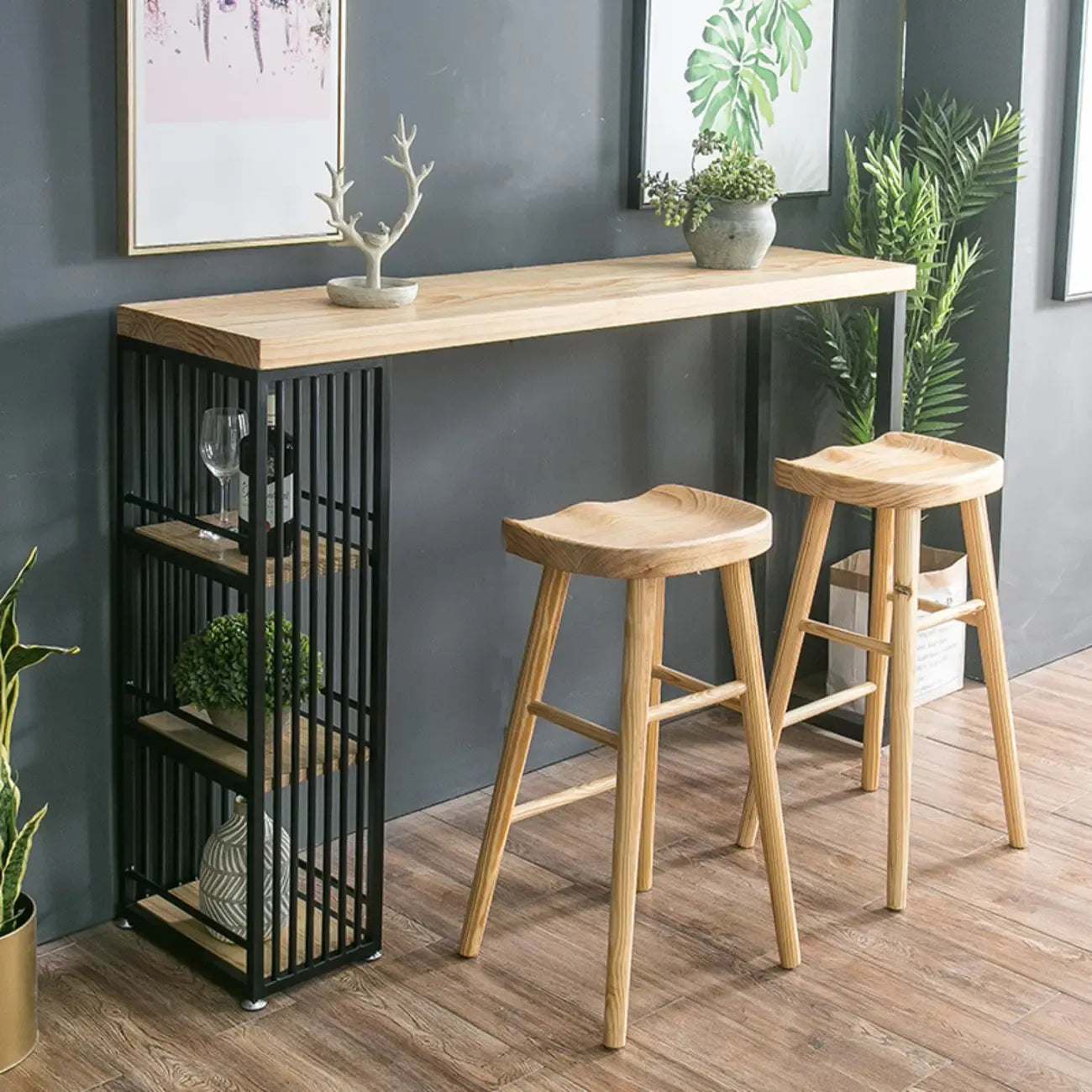 Modern Rectangle Wood Pub Table with 3 Shelves for Home Bar