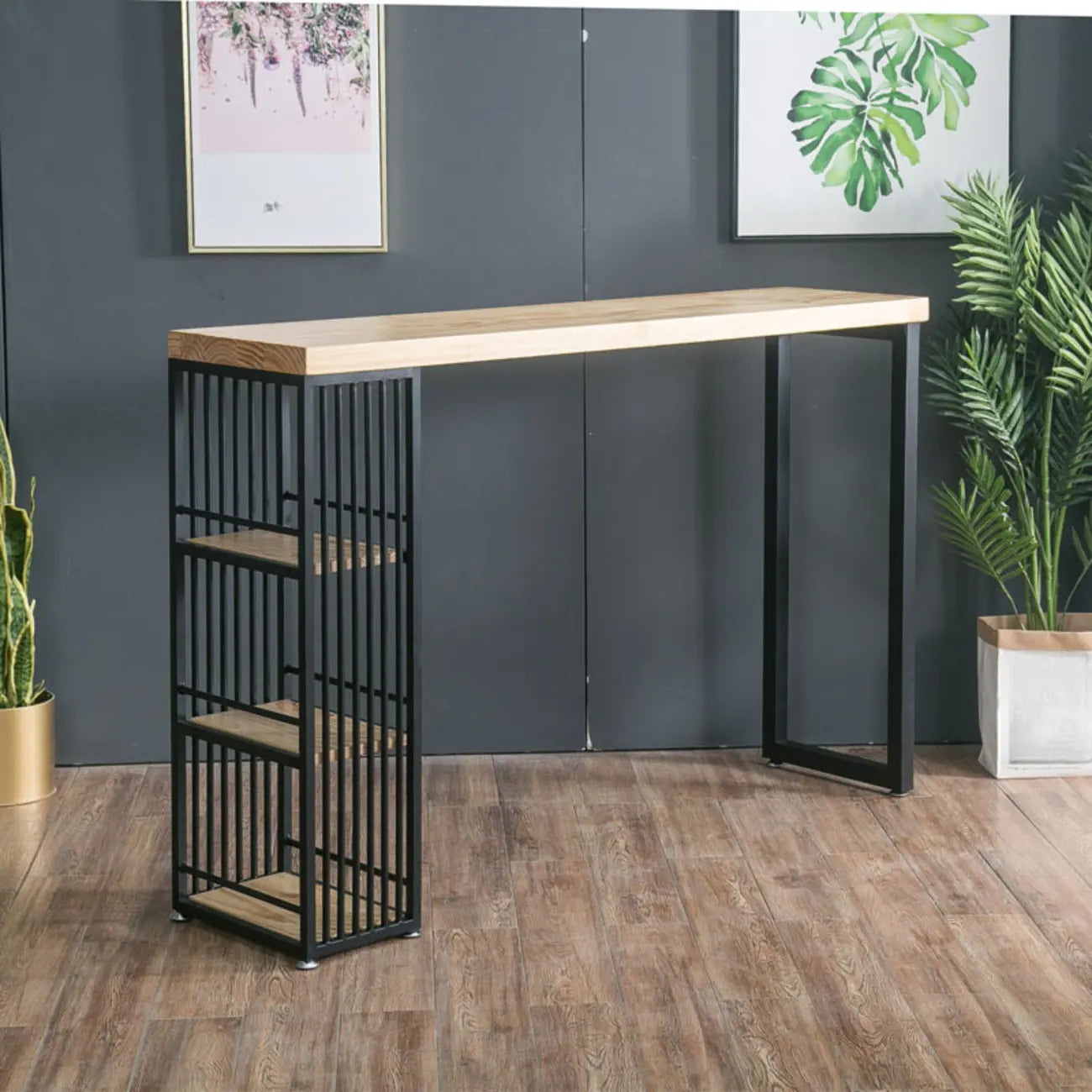 Modern Rectangle Wood Pub Table with 3 Shelves for Home Bar