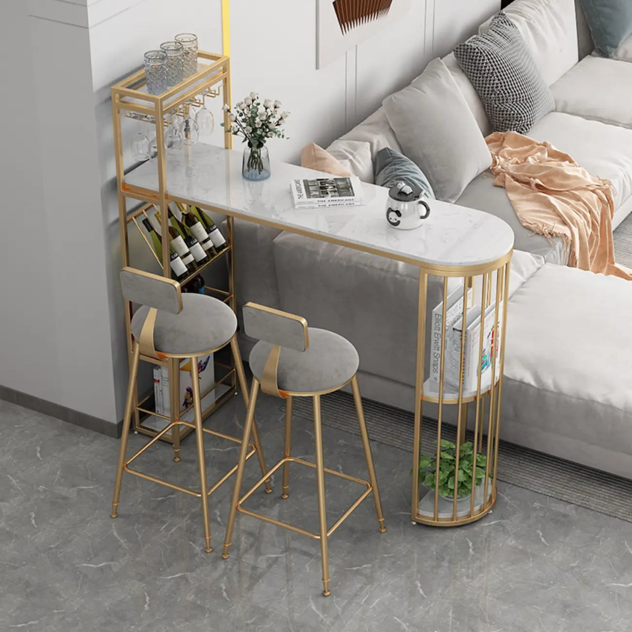 Modern Bistro Golden Bar Table Marble Top with 2 Shelves