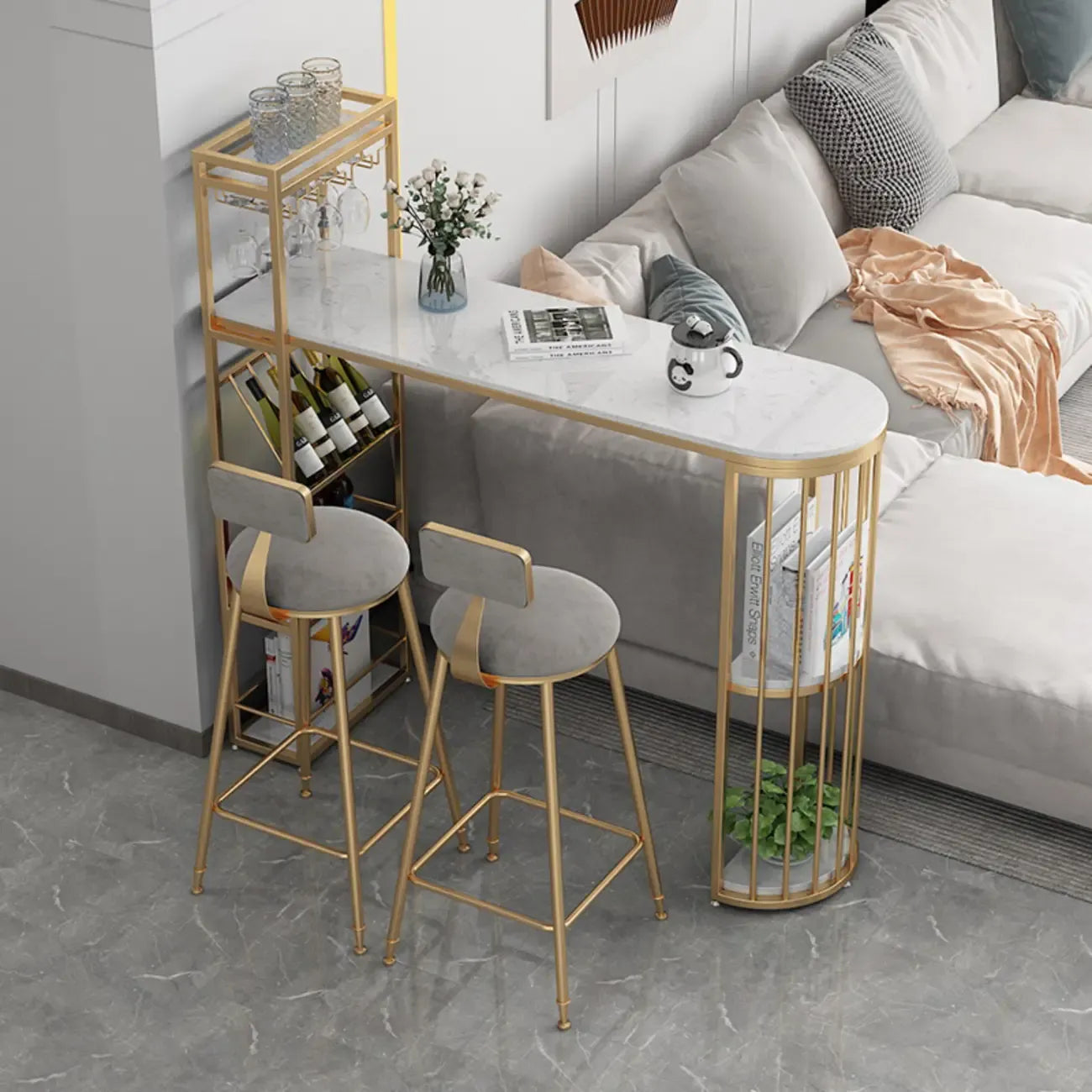 Modern Bistro Golden Bar Table Marble Top with 2 Shelves