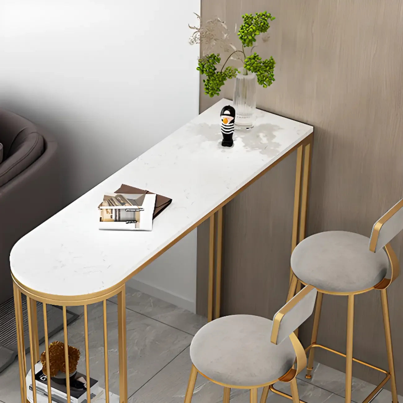 Modern Bistro Golden Bar Table Marble Top with 2 Shelves