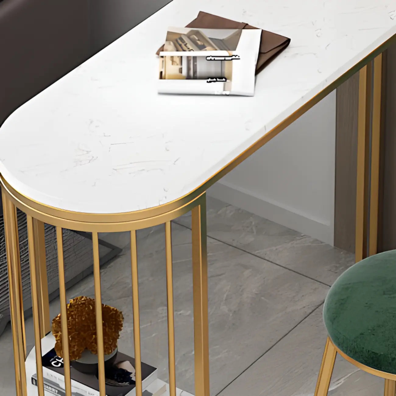 Modern Bistro Golden Bar Table Marble Top with 2 Shelves