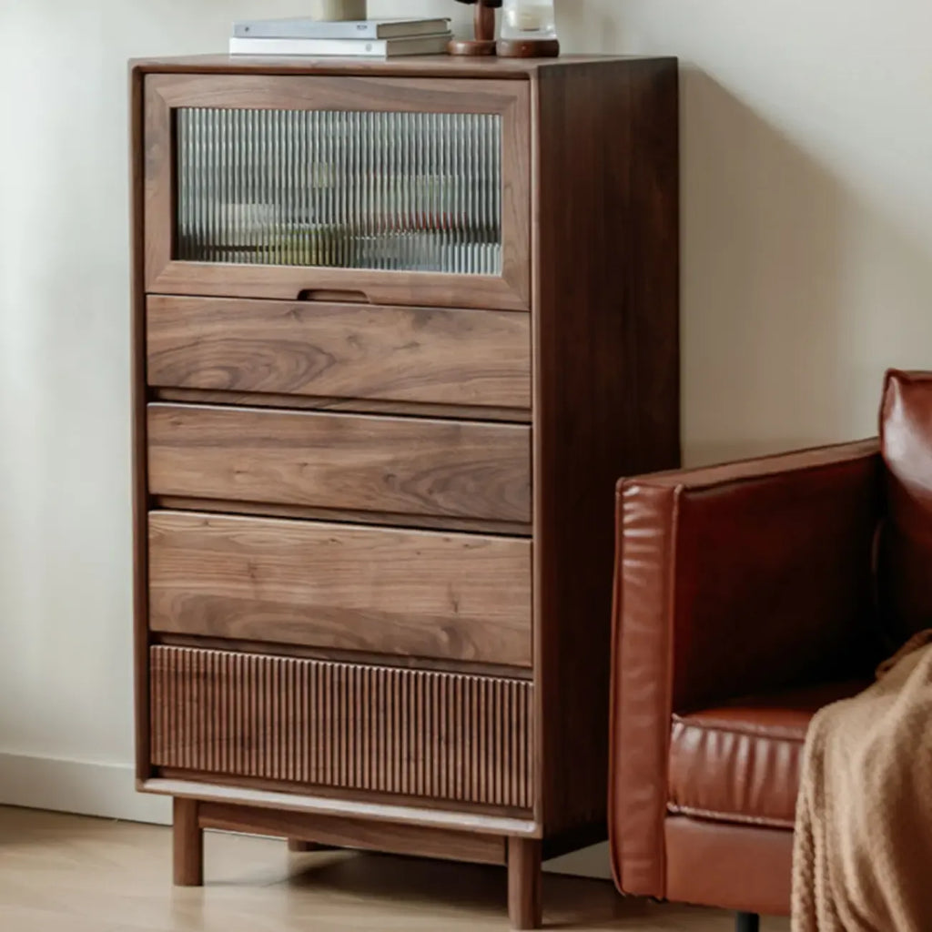 47H Modern Walnut Flip-Up Glass Door Storage Cabinet