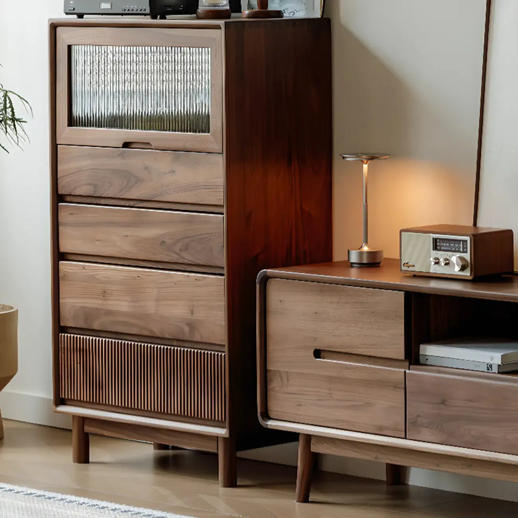 47H Modern Walnut Flip-Up Glass Door Storage Cabinet