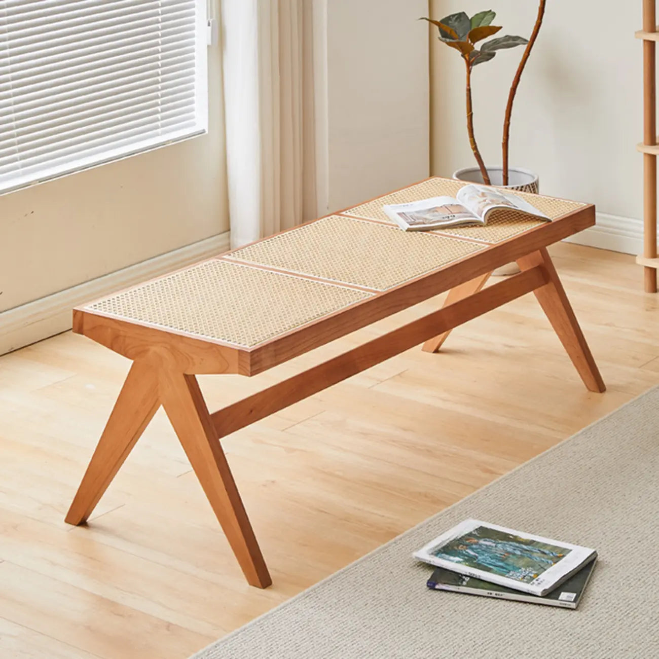 Elegant Rattan Top Finish Wooden Rectangular Cherry Benches