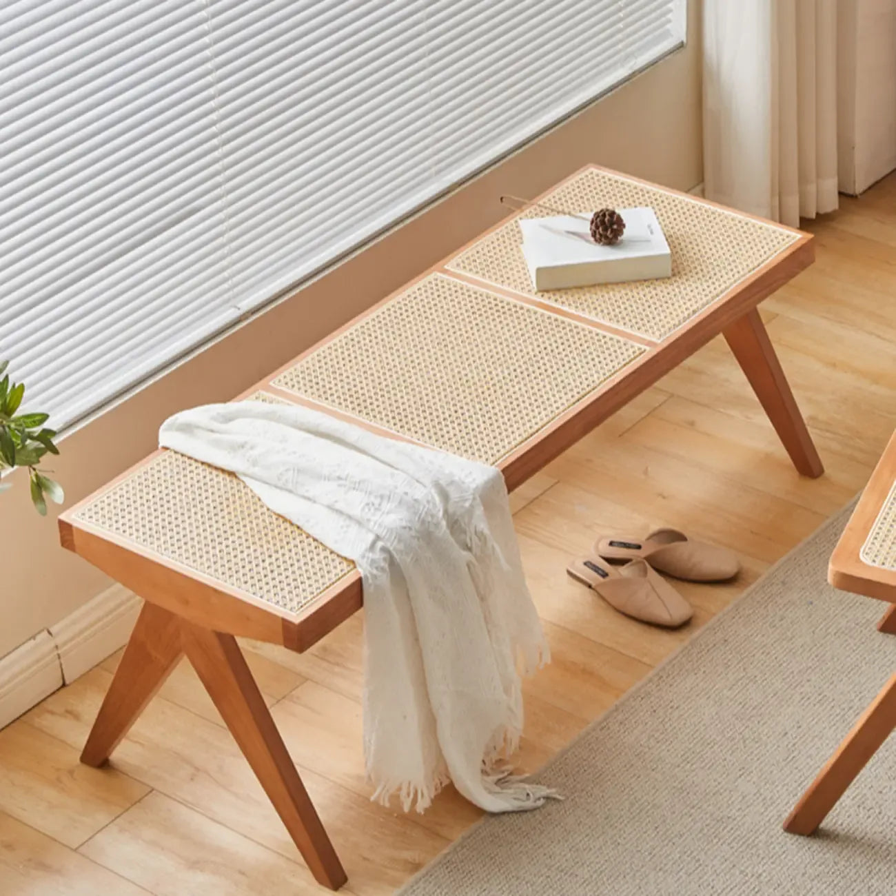 Elegant Rattan Top Finish Wooden Rectangular Cherry Benches