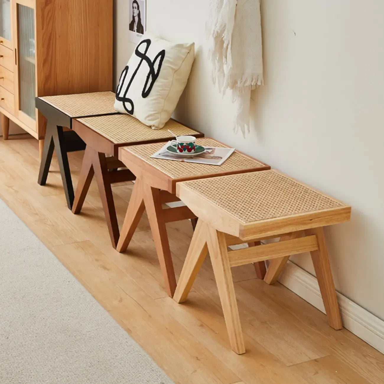 Elegant Rattan Top Finish Wooden Rectangular Cherry Benches