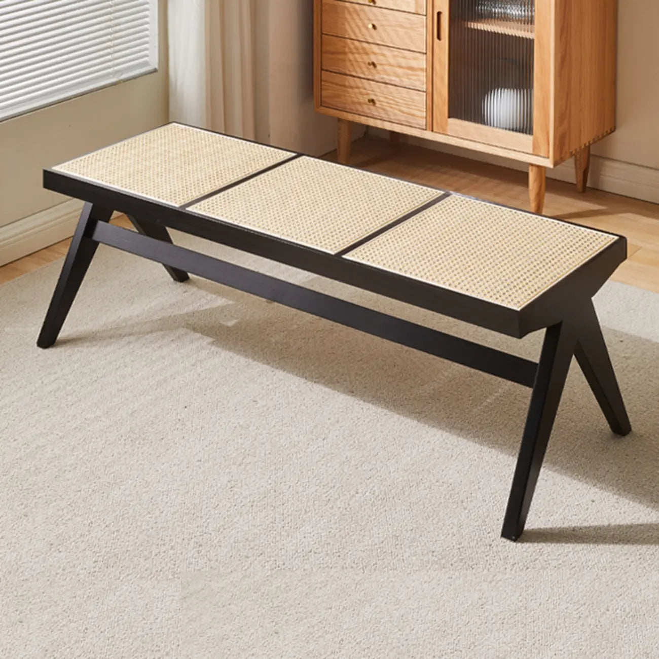 Elegant Rattan Top Finish Wooden Rectangular Cherry Benches