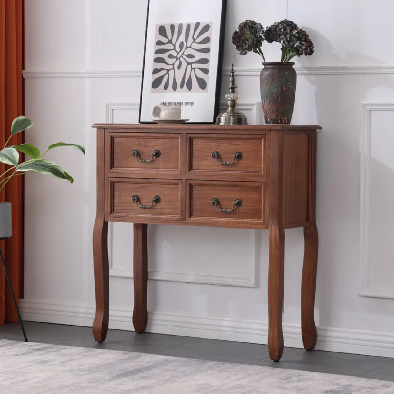 Rectangular Dark Walnut Console Table with Drawers