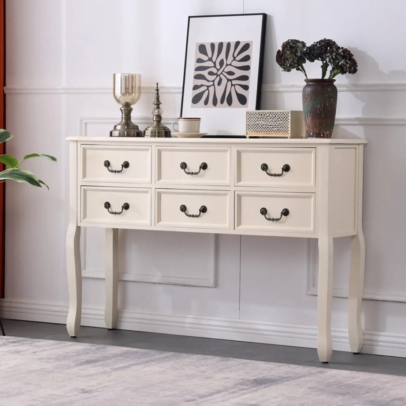 Rectangular Dark Walnut Console Table with Drawers