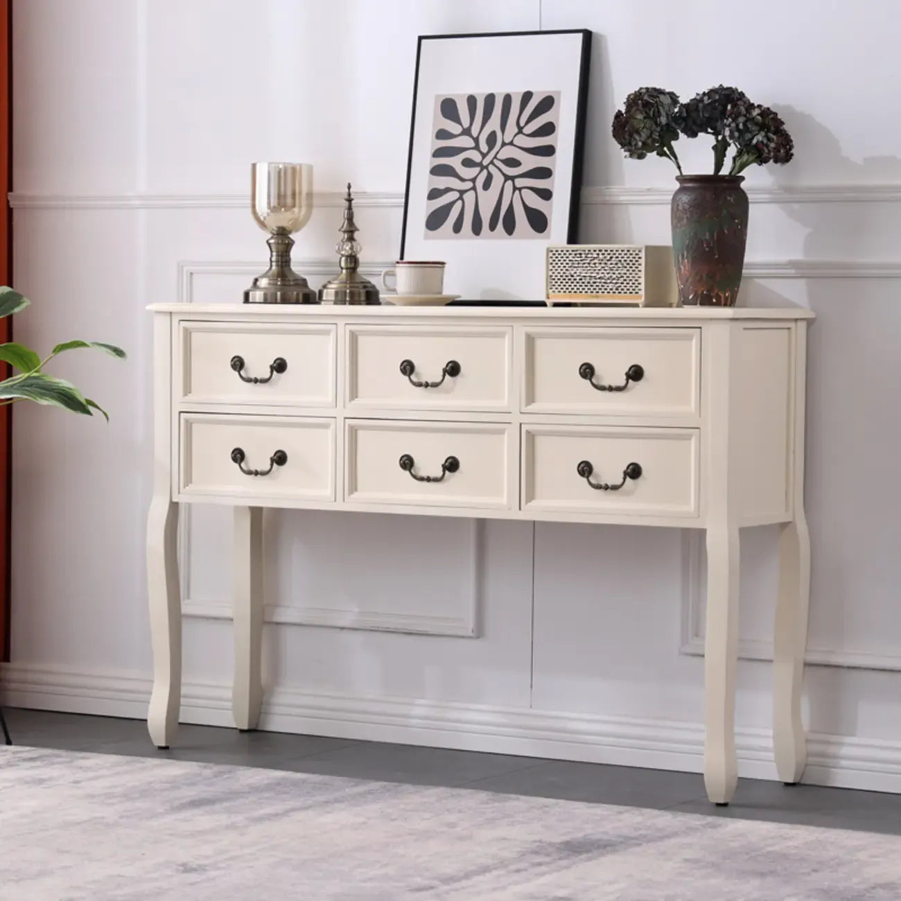 Rectangular Dark Walnut Console Table with Drawers