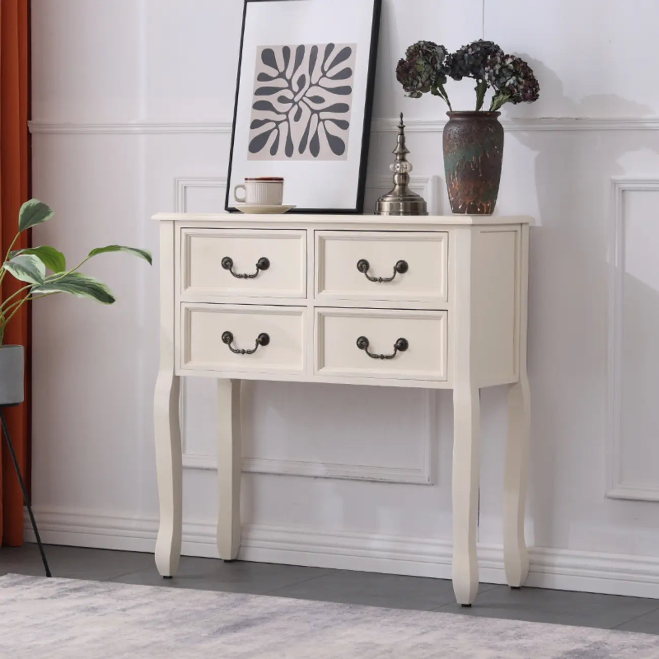Rectangular Dark Walnut Console Table with Drawers
