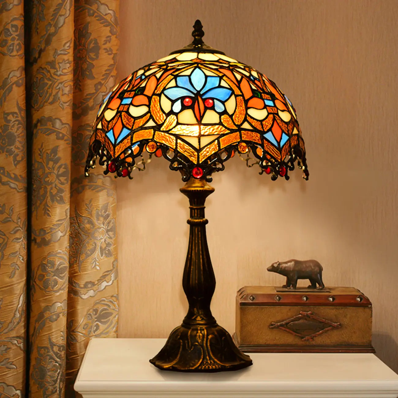 HomeyFad Vintage Stained Glass Dome Bronze Table Lamp