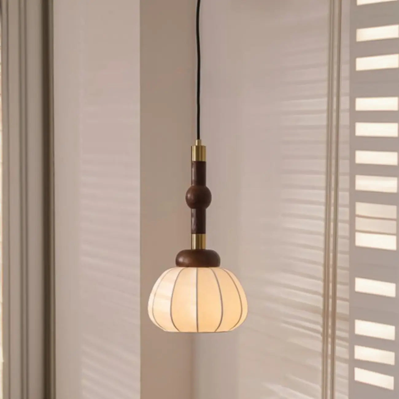 Contemporary Pumpkin Wood & Silk Beige Pendant Light