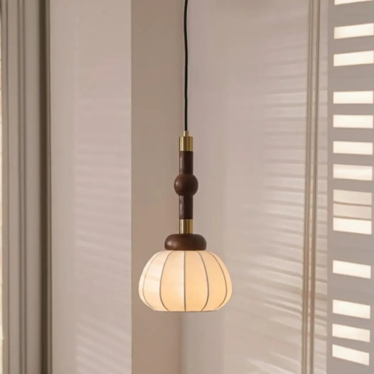 Contemporary Pumpkin Wood & Silk Beige Pendant Light
