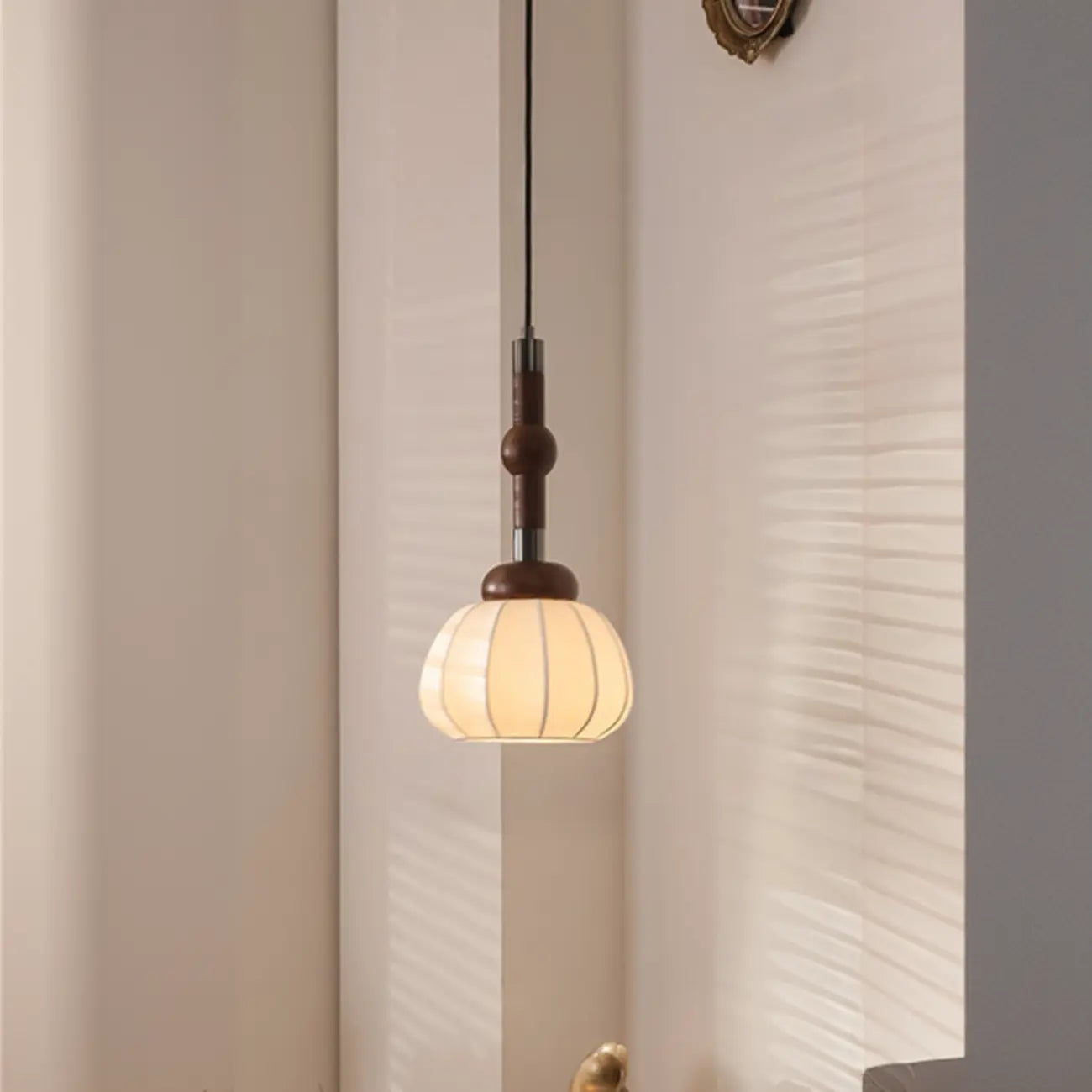Contemporary Pumpkin Wood & Silk Beige Pendant Light