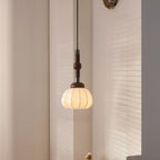 Contemporary Pumpkin Wood & Silk Beige Pendant Light
