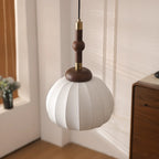 Contemporary Pumpkin Wood & Silk Beige Pendant Light