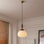 Contemporary Pumpkin Wood & Silk Beige Pendant Light