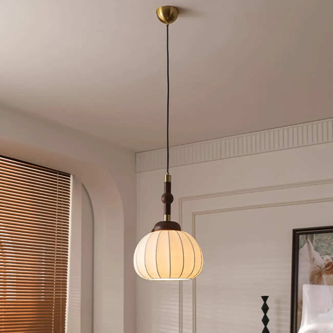 Contemporary Pumpkin Wood & Silk Beige Pendant Light