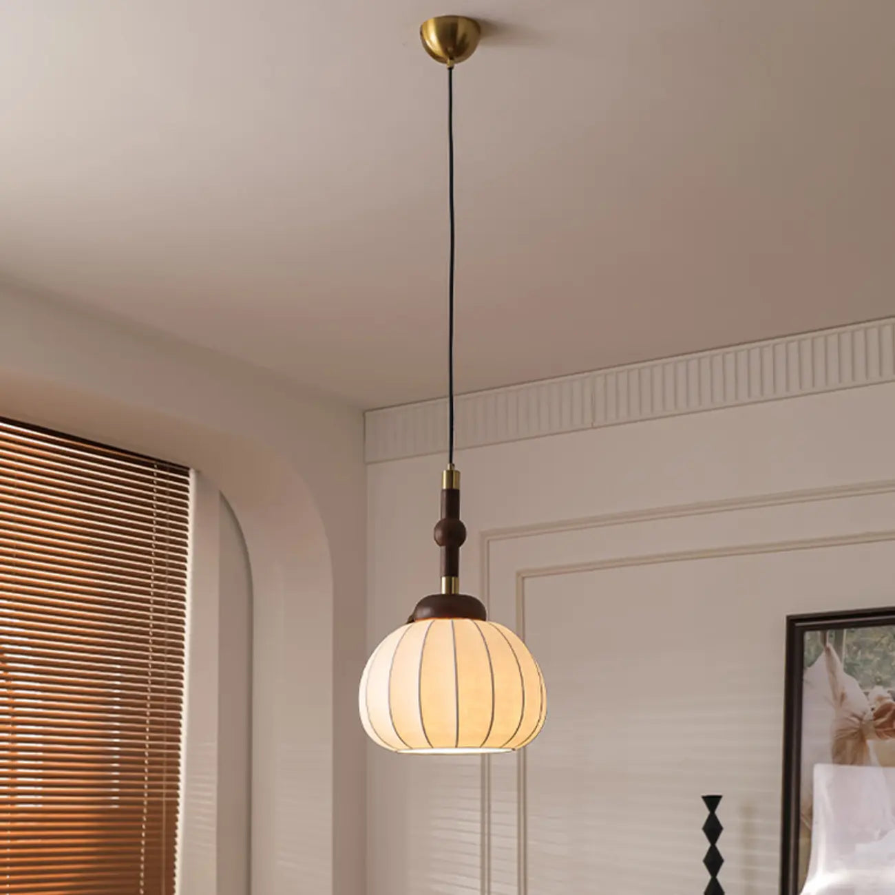 Contemporary Pumpkin Wood & Silk Beige Pendant Light