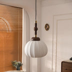 Contemporary Pumpkin Wood & Silk Beige Pendant Light