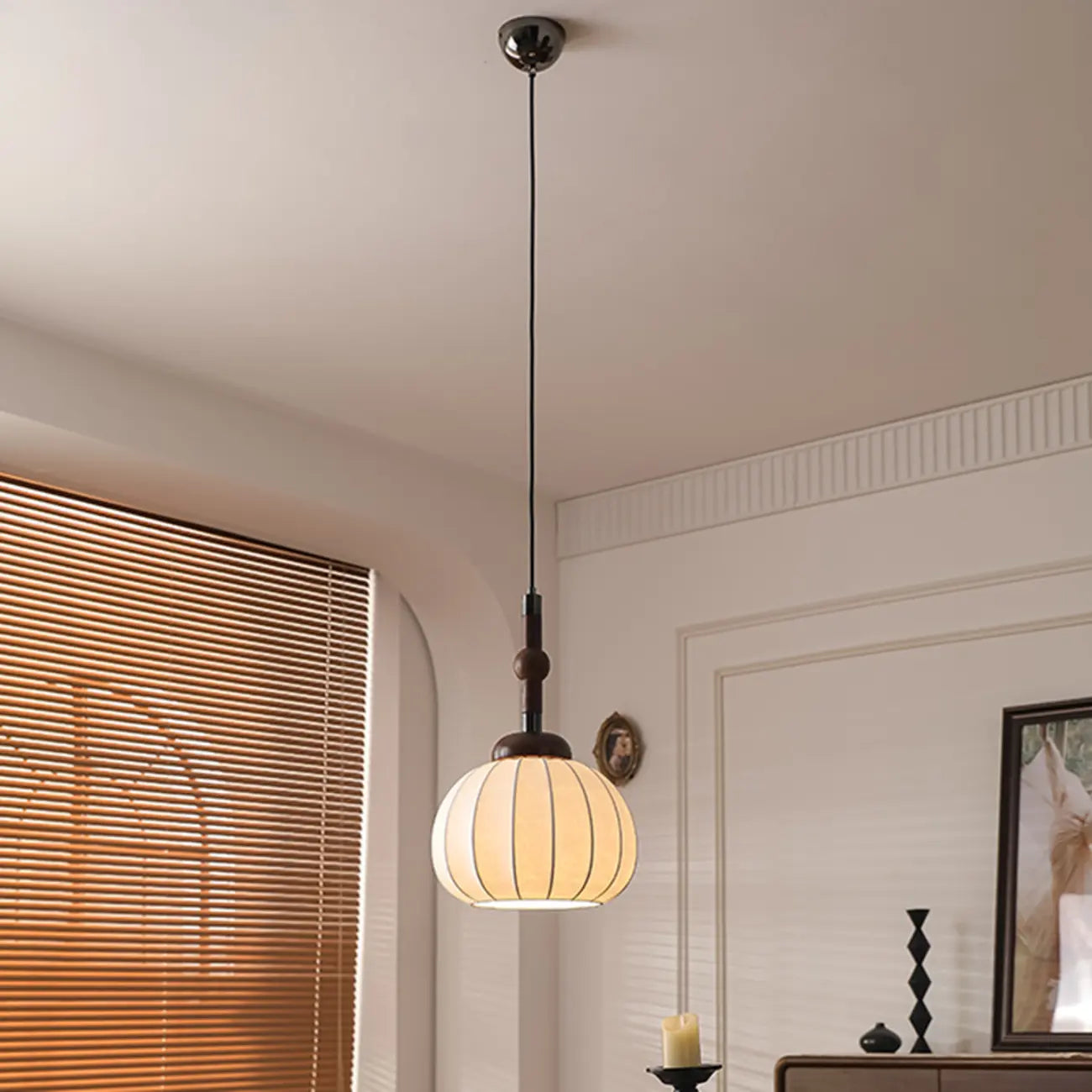 Contemporary Pumpkin Wood & Silk Beige Pendant Light