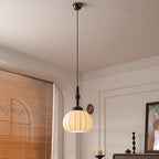 Contemporary Pumpkin Wood & Silk Beige Pendant Light